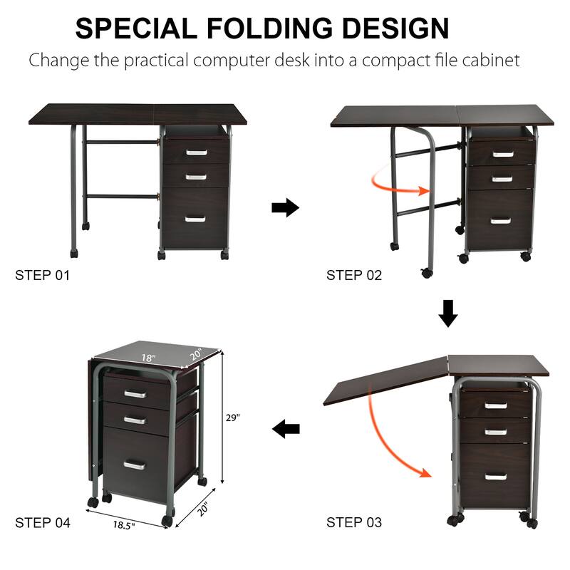 Foldable Computer Desk Laptop Table Wheeled Workstation with 3 Drawers