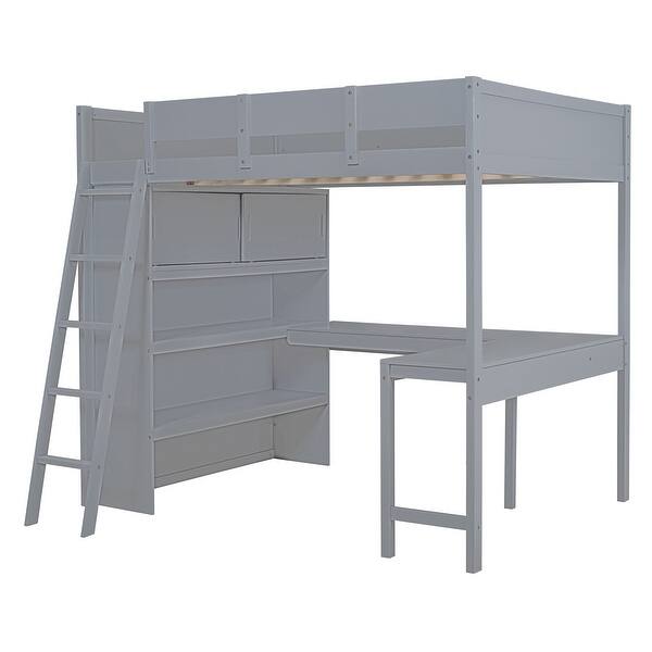 slide 2 of 13, Space-Saving Full Size Wood Loft Bed with Desk and Shelf, Grey Grey - Full