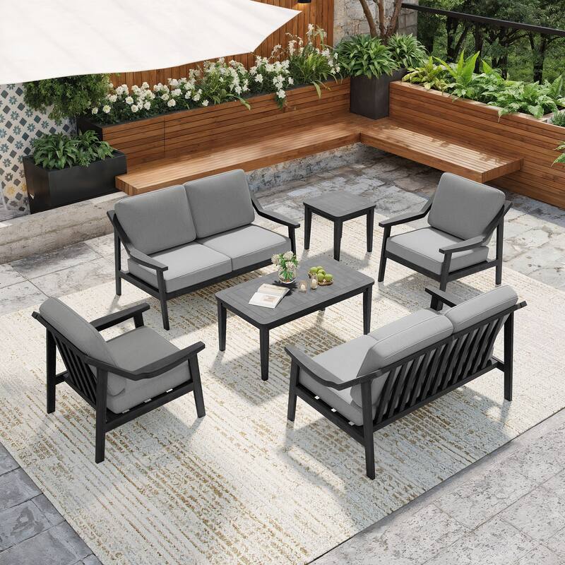 6-piece Wood Patio Chat Set Teak Conversation Set with Cushion - Grey - Black Wood