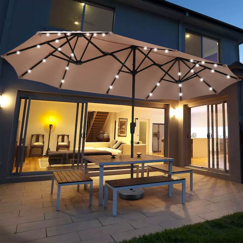 Ainfox 13ft Double-sided Patio Umbrella Solar LED Lighted Outdoor Martet Umbrella with Base
