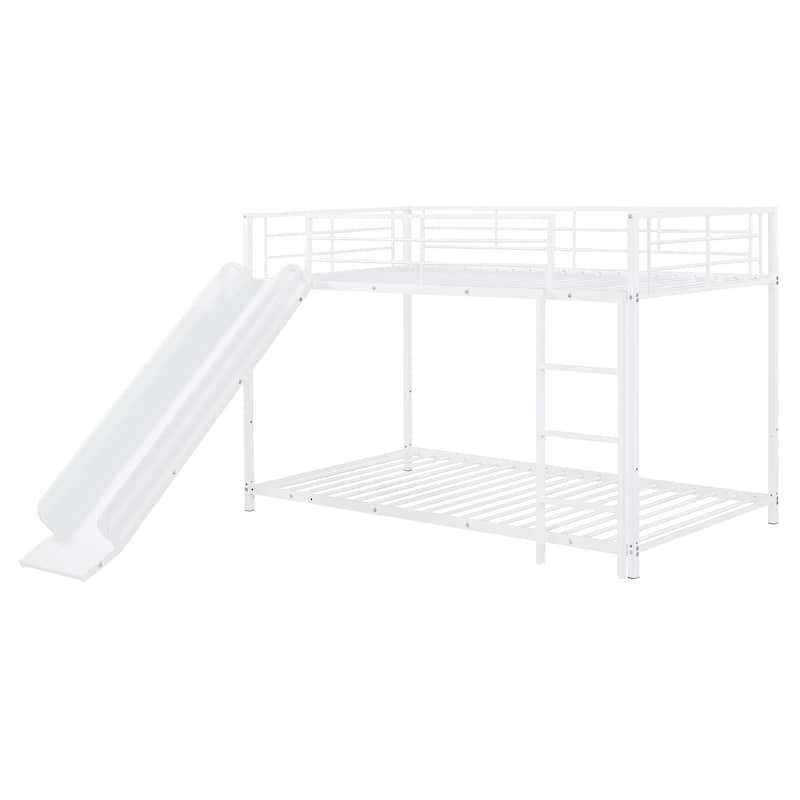 White Twin over Twin Size Metal Bunk Bed with Slide and Guardrails for Kids