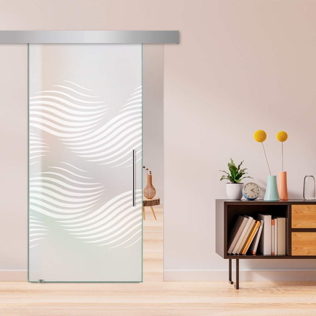 Glass Sliding Barn Door with Modern Frosted Design Hardware