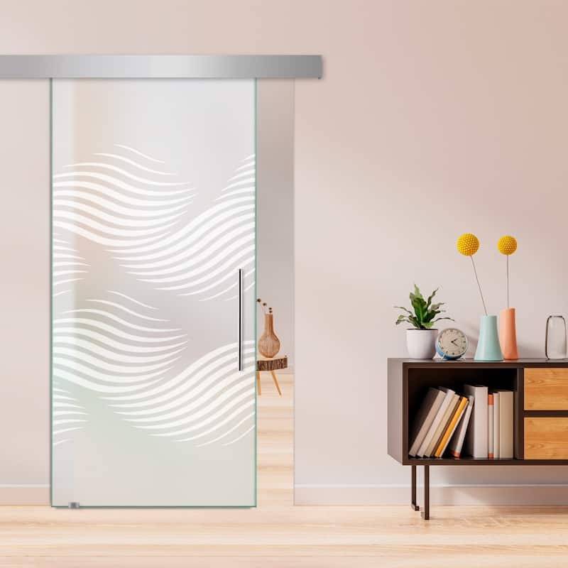 Glass Sliding Barn Door with Modern Frosted Design Hardware - 26"x81"-Left - Full-Private