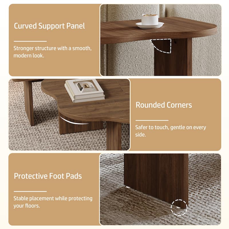 Mid-Century Modern Irregular Cloud 2-Piece Modular Coffee Table - Brown Wood, Living Room Center Table