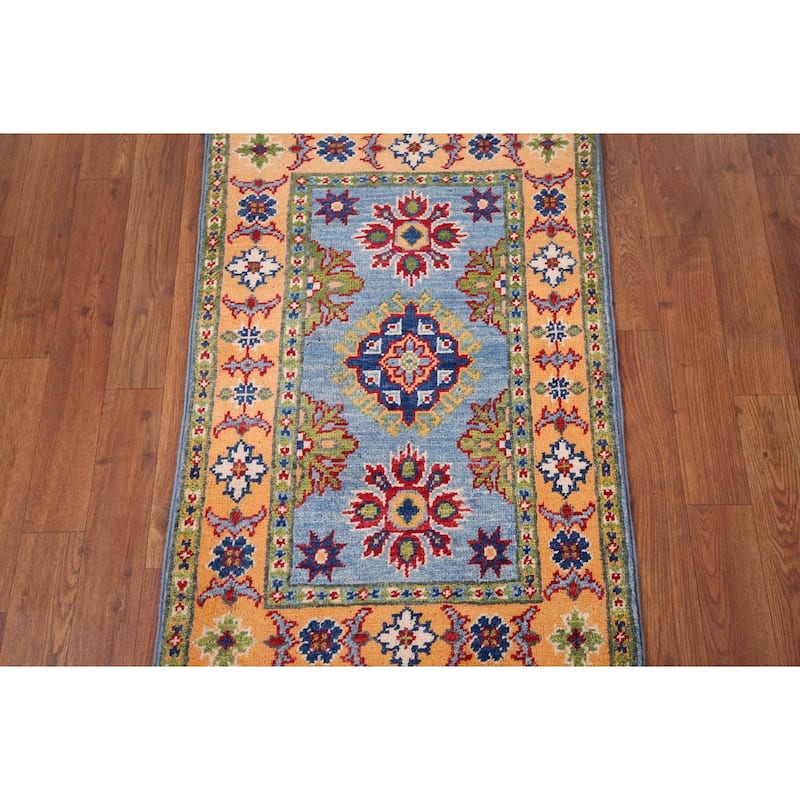 Blue Geometric Kazak Accent Rug Handmade Traditional Wool Carpet - 2'0" x 2'11"