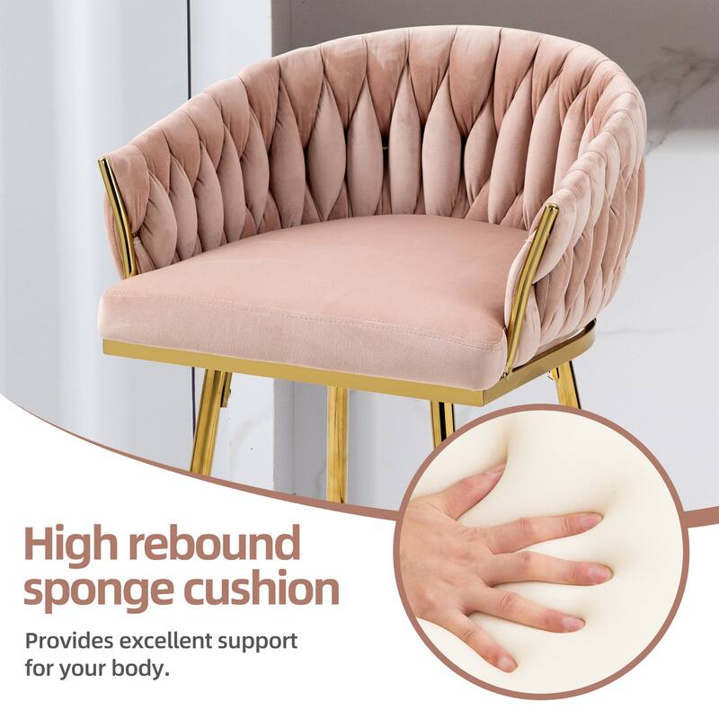 Versatile Counter Height Bar Stools Set of 2 Velvet Armchairs with Wave Braided Curved Back, Golden Chromed Legs and Footrest