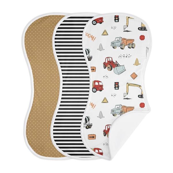 slide 2 of 6, Red and Blue Truck Collection Absorbent Burp Cloths (3 Pack Set) - Grey Yellow Orange Brown Black and White Transportation