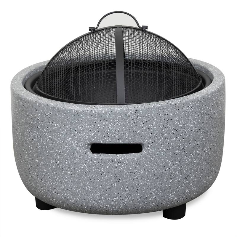 Contemporary Gray Stone Firepit with Lid and Wood Poker