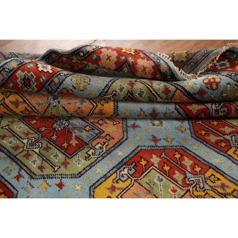 Geometric Blue Khotan Indian Area Rug Handmade Wool Carpet - 7'11"x 9'10"