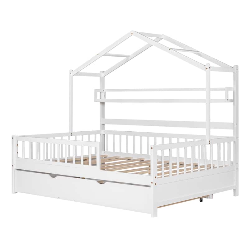 Full Size House Bed with Twin Size Trundle, Kids Platform Frame Storage ...