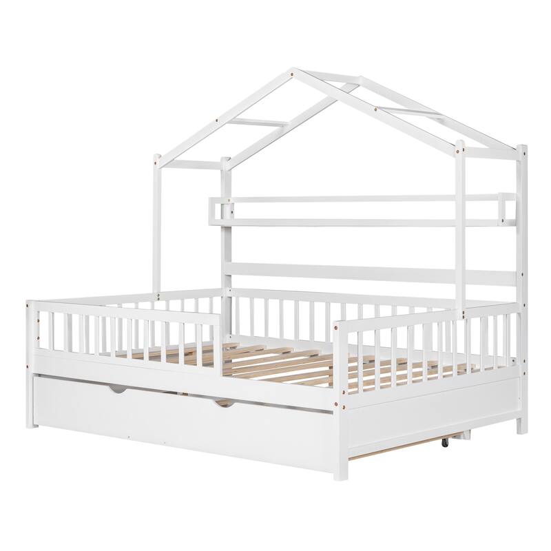 Pine House Bed with Trundle, Shelf & Guardrail