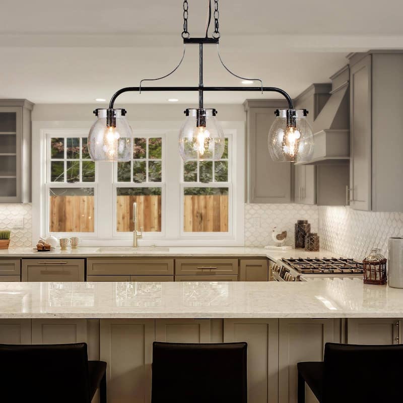 Modern Farmhouse 3-Light Linear Chandelier Seeded Glass Island Lights for Dining Room - L25"x W 5"x H 14"