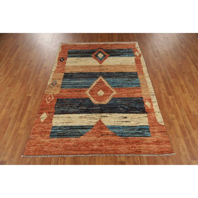 Tribal Moroccan Oriental Area Rug Hand-Knotted Orange Wool Carpet - 5'7" x 8'3"