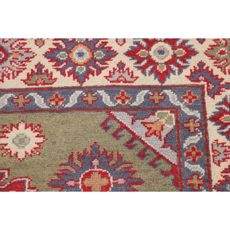 Green Kazak Area Rug Handmade Oriental Wool Carpet - 4'10" x 6'3"