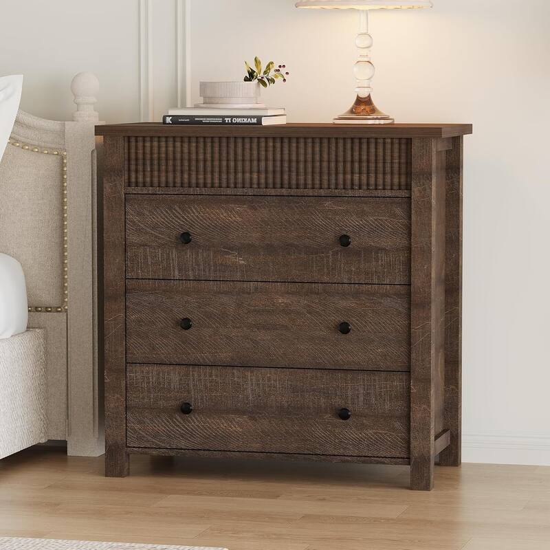Modern Fluted 3 Drawer Dresser, Nightstand for Bedroom, Living Room, Hallway - Brown