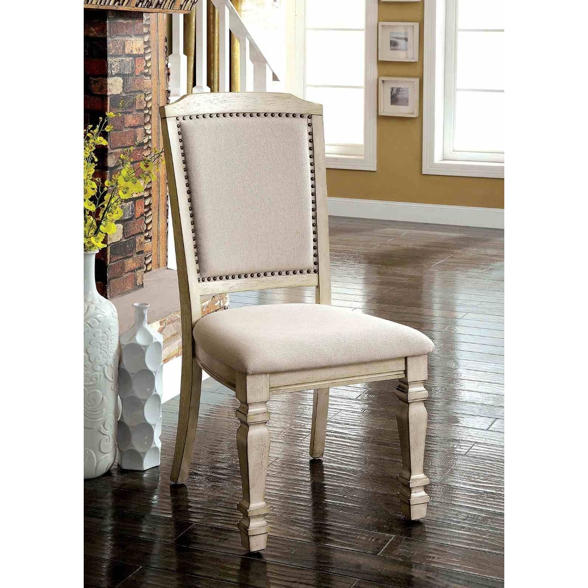 Transitional Antique White Finish Nailhead Side Chairs Set