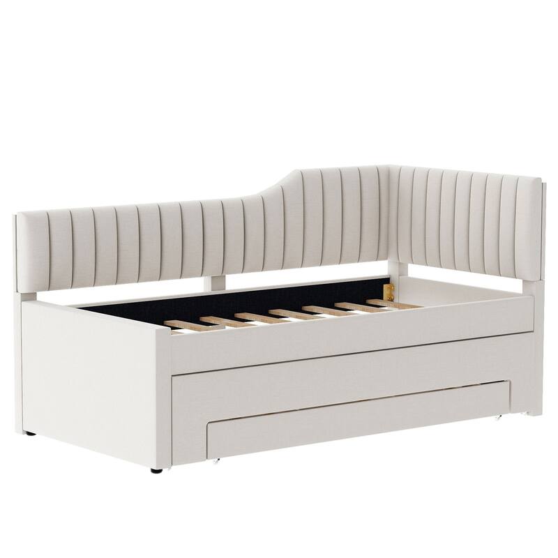 Versatile Upholstered Daybed with Trundle & 3 Drawers, Solid Wood Sofa Bedframe w/Backrest Design, for Living Rooms Guest Rooms