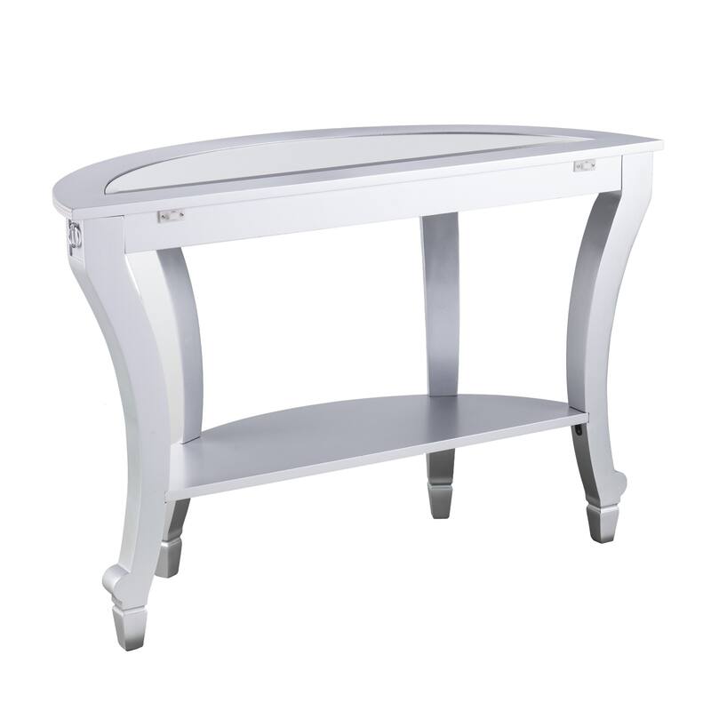 HomeRoots 46" Silver Mirrored Glass Half Circle Console Table With Storage - 46.00 in. x 30.00 in. x 18.00 in.