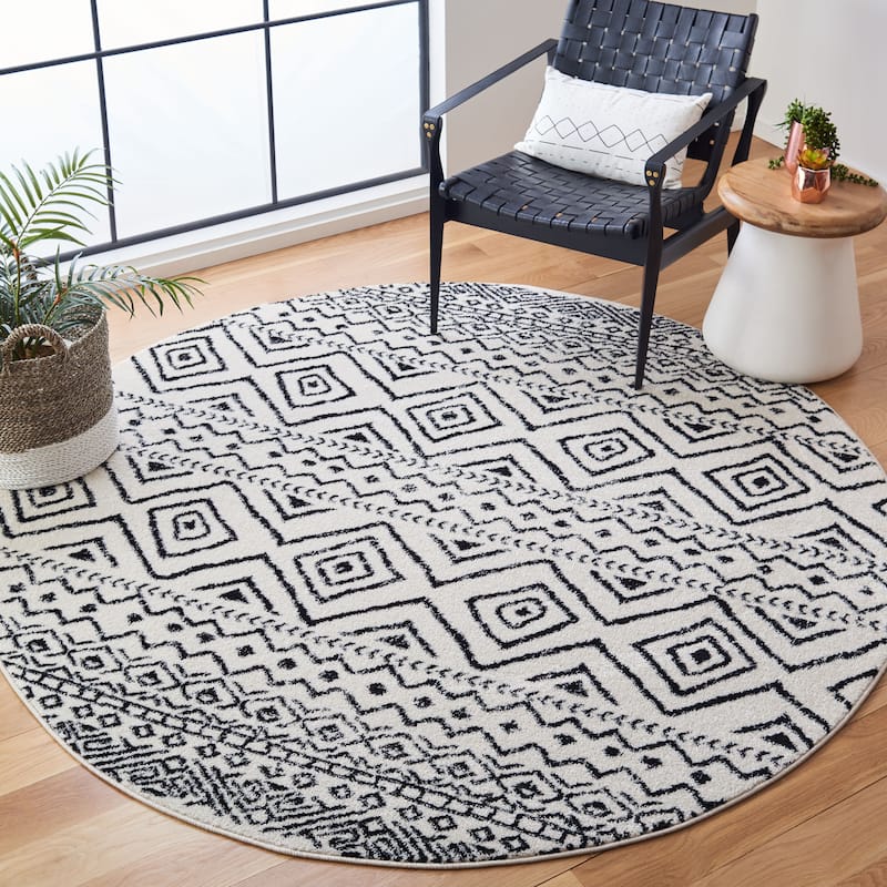 SAFAVIEH Tulum Vassilia Moroccan Boho Distressed Rug - 5' Round - Ivory/Black