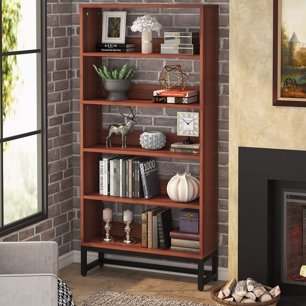 DIYART 75" Tall Bookcase With Doors, 5 Tier Large Bookshelf With Cabinet, Standing Wood Display Book Shelf For Living Room Office Library Brown