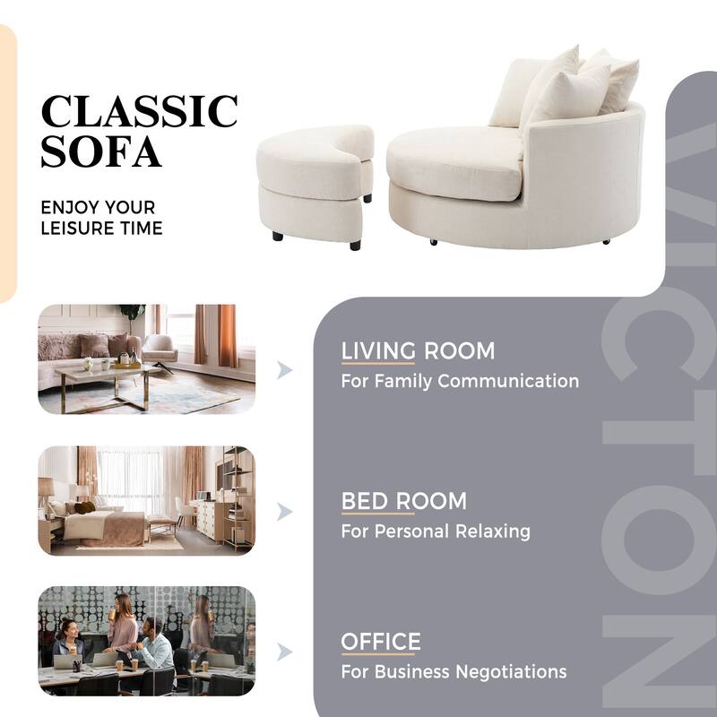 360° Swivel Accent Barrel Chair with Storage Ottoman & 4 Pillows, Modern Chenille Leisure Chair Round Accent