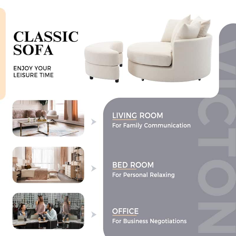 Oversized Swivel Barrel Chair, Chenille Upholstered Leisure Chair, Sofa Chair with Storage Ottoman & 4 Pillows
