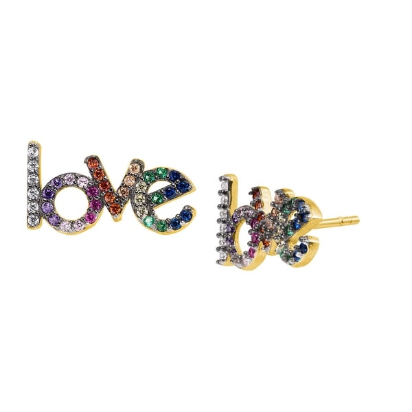'Love' Rainbow Cubic Zirconia Earrings in Gold-Plated Sterling Silver - Multi-Color