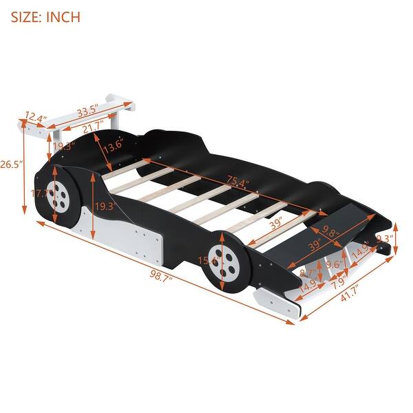 dimension image slide 3 of 6, Twin/Full Race Car Bed with Wheels & Safety Rails - Pine Wood Frame