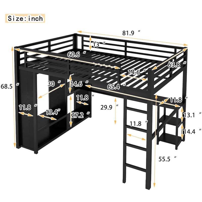 GDFStudio - Sandy Loft Bed Frame with Built-in Wardrobe, Metal Loft Bed with Desk and Storage Shelves