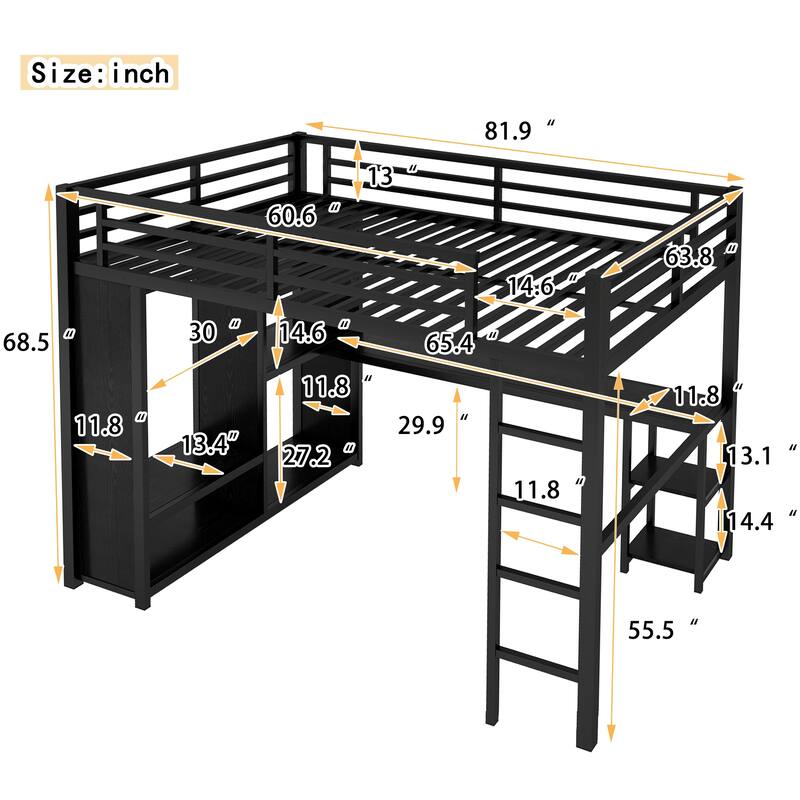 Modern Queen Size Metal Loft Bed with Built-in Wardrobe, Desk and Open Shelves, Storage Bed Frame with Guardrails and Stairs