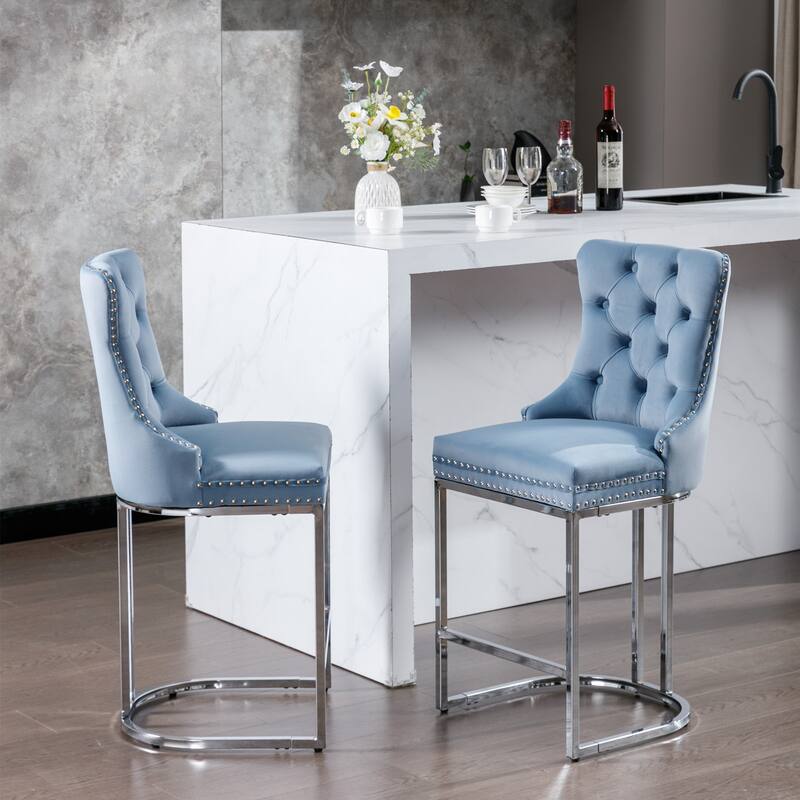 GDF Studio - Riveton Modern Velvet Upholstered 26" Counter Height Bar Stools with Button Tufted Back & Rivet Trim (Set of 2)
