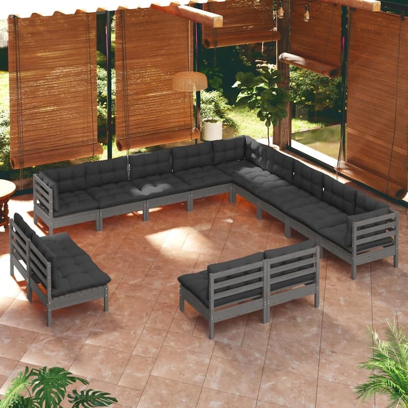 vidaXL Solid Pinewood Patio Lounge Set 14 Piece with Cushions Multi Colors - Grey