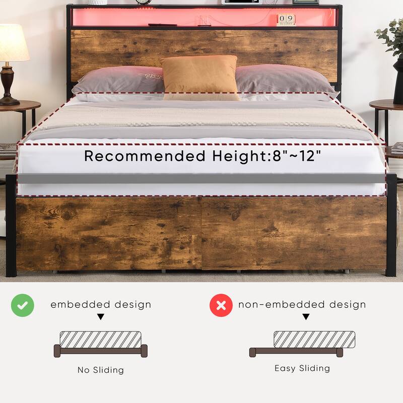 Metal Platform Bed Frame with 2Drawers & Charging Station-Queen, Brown