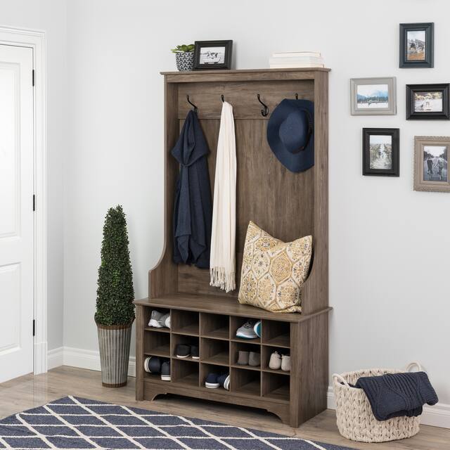 Prepac Hall Tree with Bench and Shoe Storage - 38" Wide Hall Tree with 15 Shoe Cubbies - drifted gray