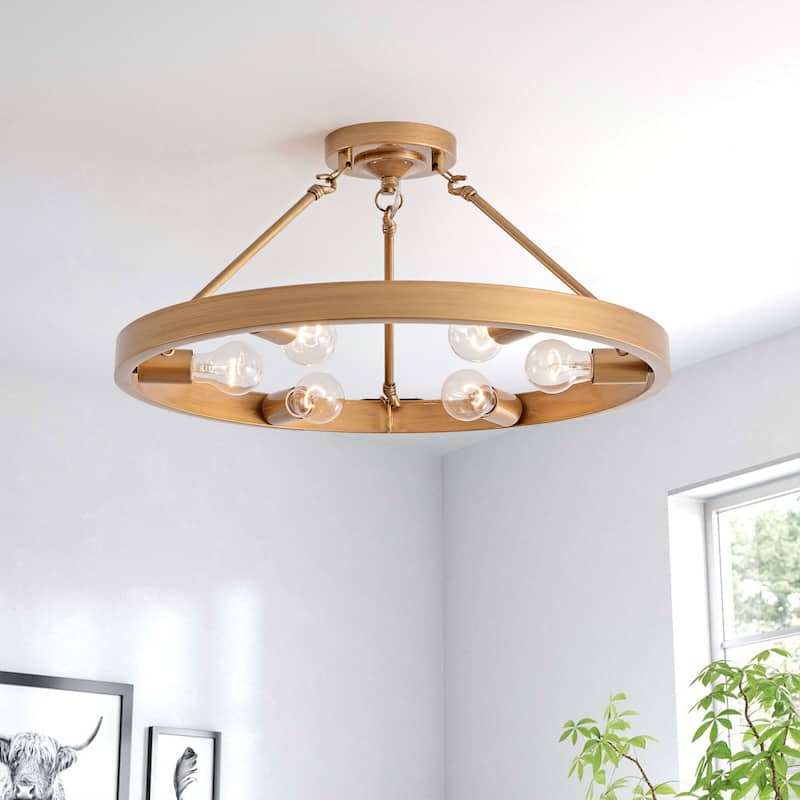 Abigail Wagon Wheel 6-Light Metal Round Rustic Semi-Flush Mount - Brushed Brass