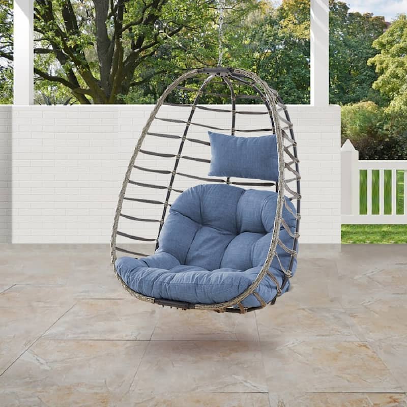 Pocassy Foldable Hanging Egg Chair - Blue - Grey Rattan & Blue Cushion