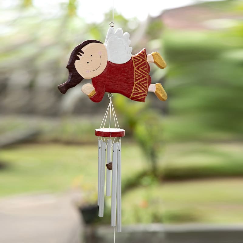 Novica Handmade Grinning Angel Wood Wind Chime - Red