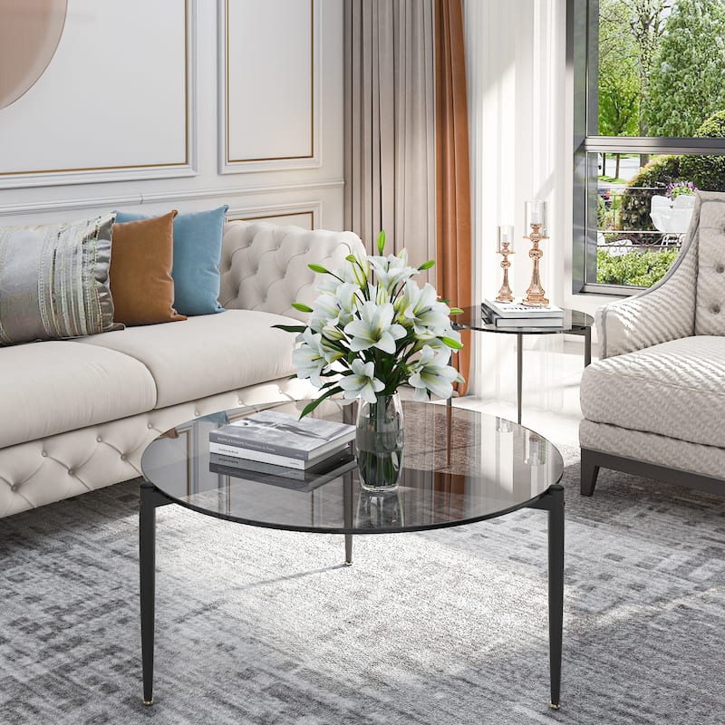 Round Glass Coffee Table Circle Center Table for Living Room Office - 32" x 16" - Grey