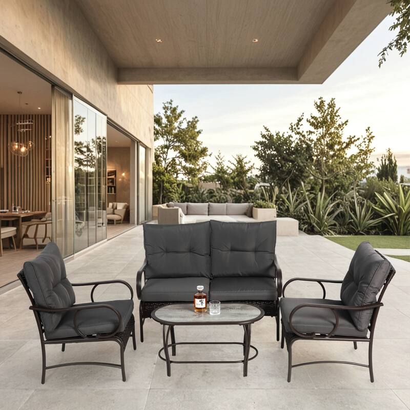 Classic Patio Sofa Wicker Conversation Set Rattan Sofa Chair wTable - Grey