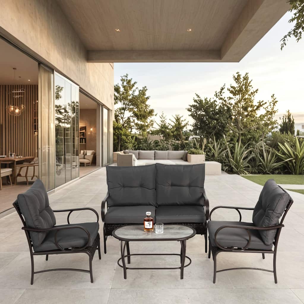Classic Patio Sofa Wicker Conversation Set Rattan Sofa Chair wTable