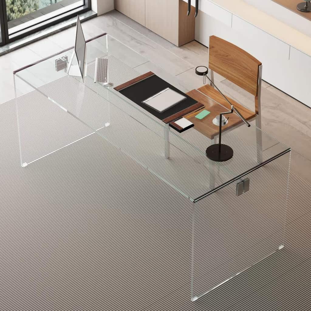 Modern Minimalist Tempered Glass Writing Desk,Transparent All Glass Workstation with Sleek Chrome Hardware for Home Office