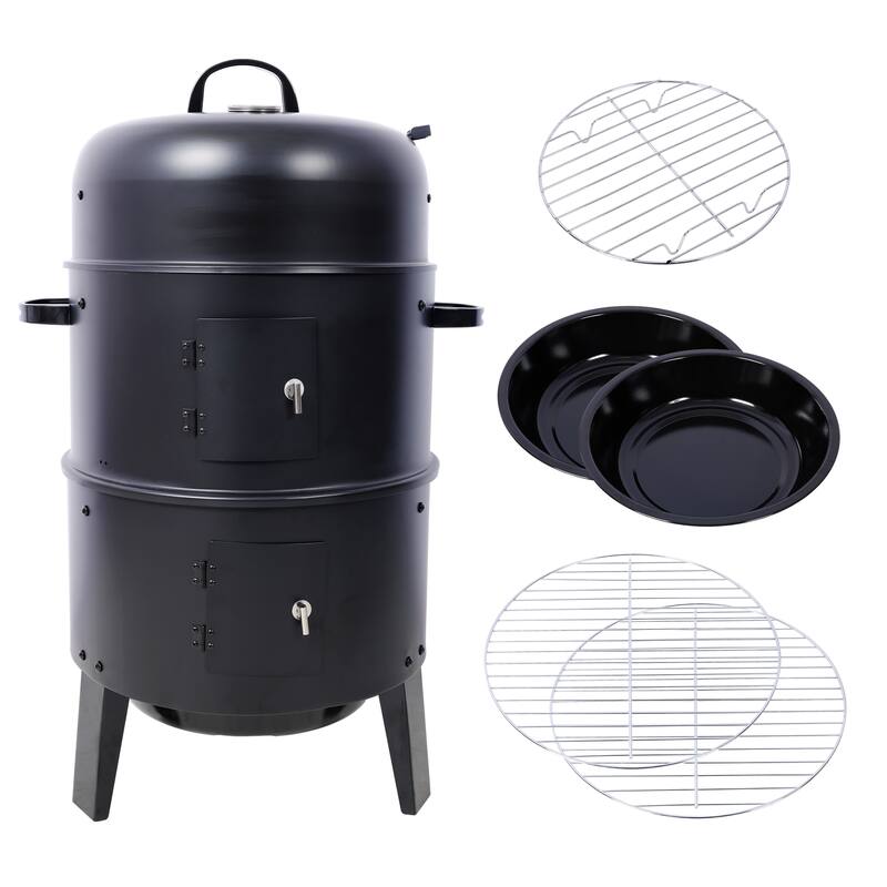 3-in-1 Charcoal Smoker Grill and Fire Pit with Thermometer Adjustable Air Vents Steel Construction for Patio Backyard Camping