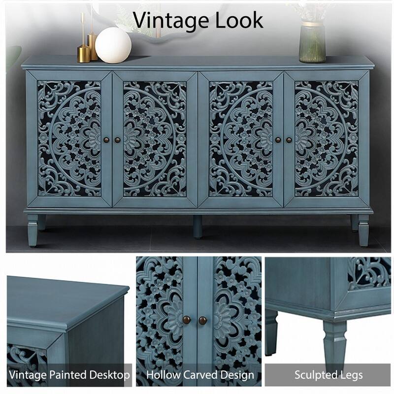 60" Antique Buffet Sideboard with Floral Carvings Solid Wood Legs and Adjustable Shelves for Versatile Storage