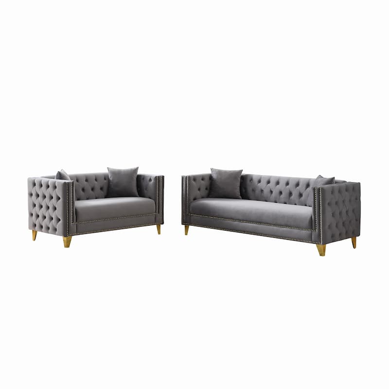 Roomfitters 80" and 58" Modern Tuxedo Sofa and Loveseat Set, Buttoned Back Couch with Gold Legs and Nailhead Trim