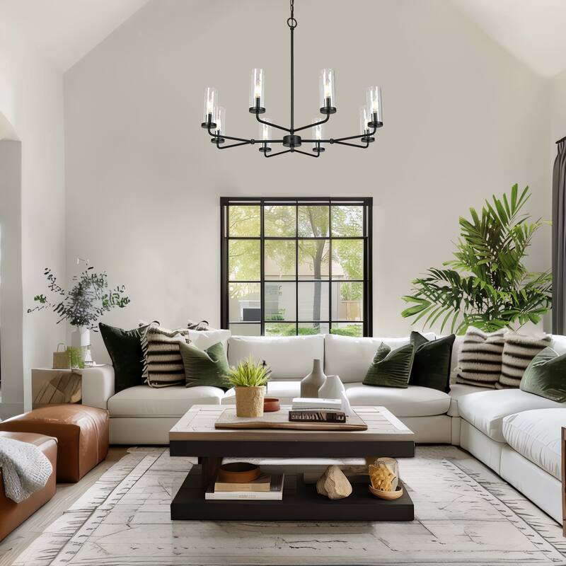 Modern Farmhouse 8-Light Black Wheel Chandelier with Glass Shade for Dining Living Room - D 31.5" x H 24"