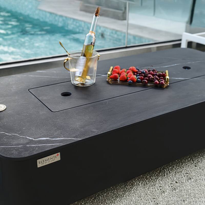 Elementi Plus Valencia Outdoor Fire Pit Table Concrete Rectangular 60000 BTU - 62 x 30 inches with Lid, Fire Glass, and Cover
