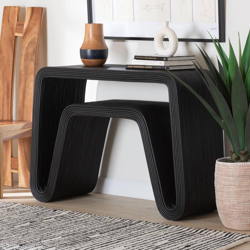 Abebi Black Rattan Console Table - Modern Accent Table with Waterfall Silhouette and Open Hairpin Legs, Boho Coastal Style