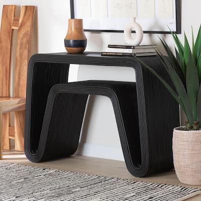 Abebi Black Rattan Console Table - Modern Accent Table with Waterfall Silhouette and Open Hairpin Legs, Boho Coastal Style