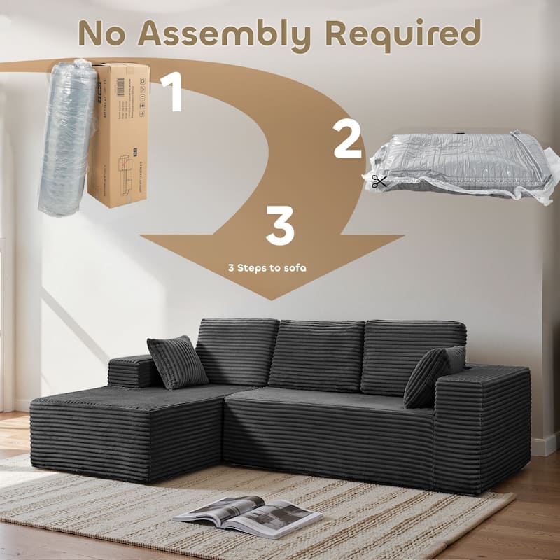 Gymojoy 108" Compressed Sofa Sectional Couch, 1400lbs Weight Capacity L-Shape Chaise Corduroy Couch for Living Room, No Assembly
