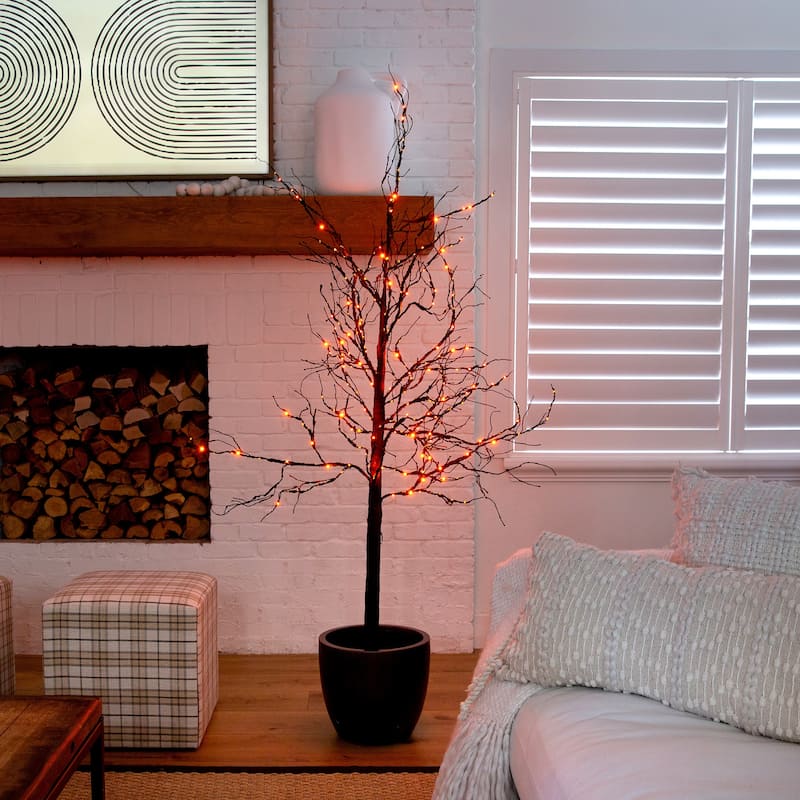 Pre-Lit Artificial Halloween Twig Tree - 6' - Black - Orange and Purple LED Lights